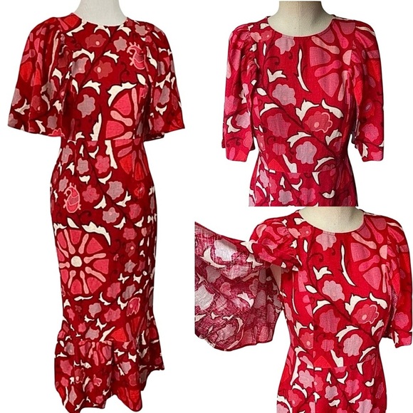 Rhode X Target Zinnia Dress Red Linen Blend Floral Print Midi Sz 14 New w/ Tags - Picture 1 of 15